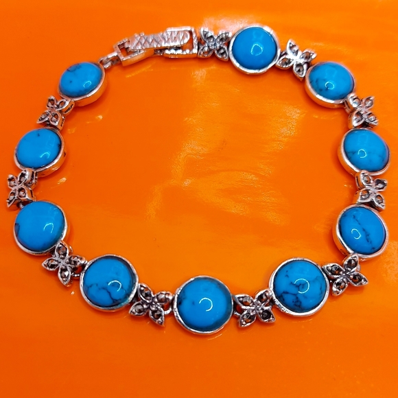 Stabilized‎ Round Turquoise 8mm & Marcasite 925 Sterling Silver Bracelet 7" - Picture 6 of 9